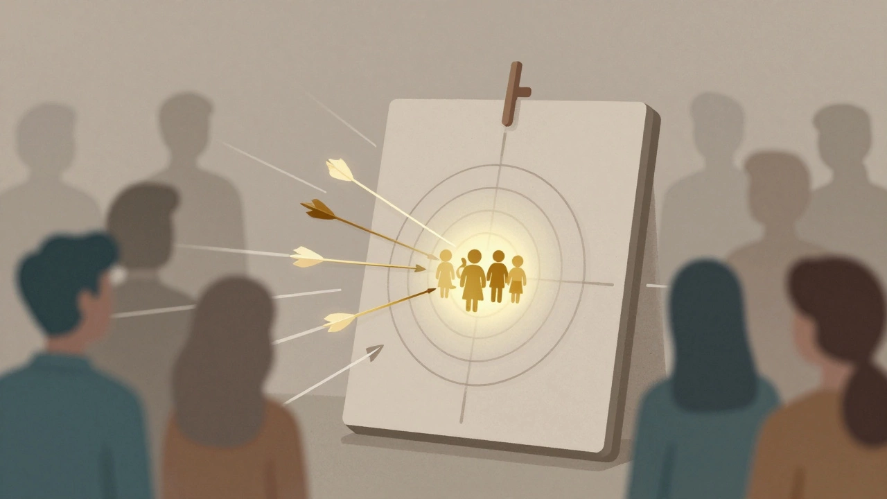 Digital target board with ideal customers hit by arrows while unwanted audiences are blocked.