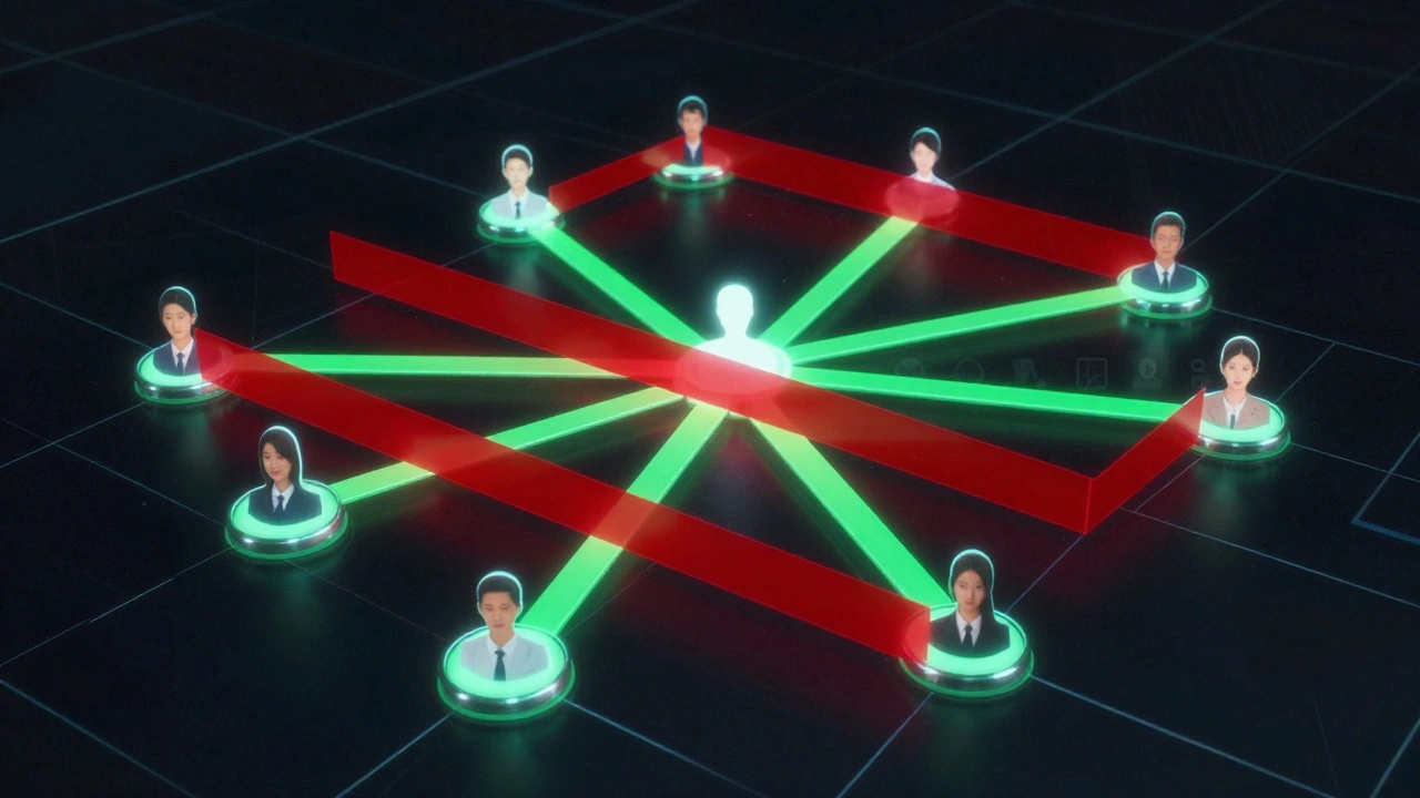 Network of users with secure barriers blocking unwanted groups and green paths to ideal targets.